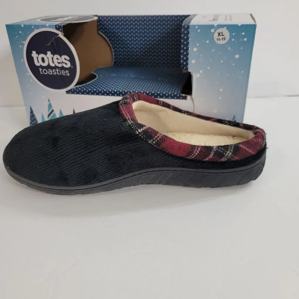 Totes Slide Slippers Mens XL 11-12 Black Corduroy Faux Fur Lined‎